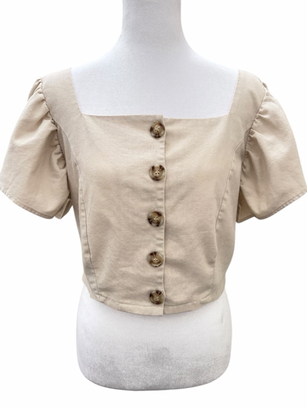 QED London Linen Blend Crop Top Beige Button Front Puff Sleeve Cottagecore US 10